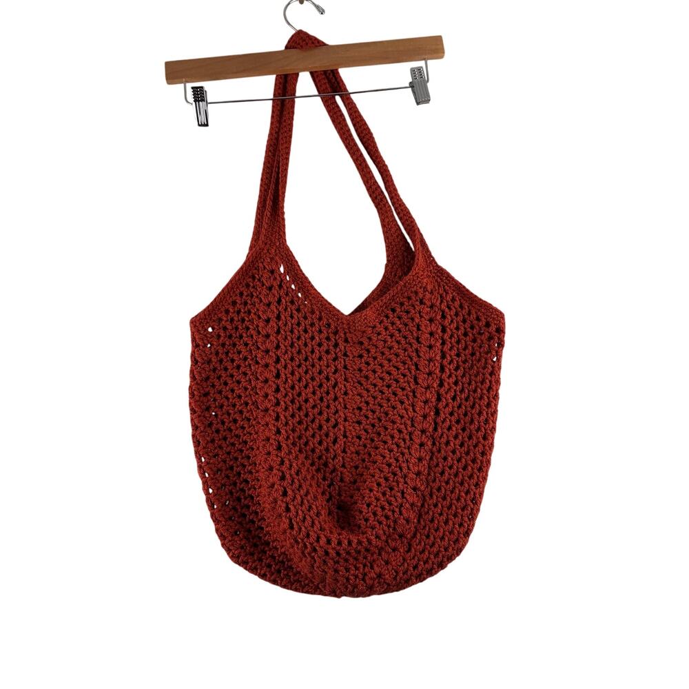 Handmade Crochet Knit Tote Bag Burnt Orange Fall Autumn Book Diaper Boho Granny